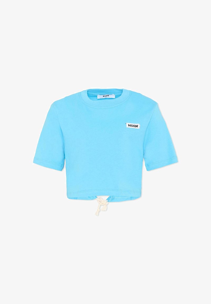 Crop top bleu clair à manches courtes avec encolure ronde, petit patch logo blanc MSGM sur la poitrine, et cordon blanc à nouer à l'ourlet.