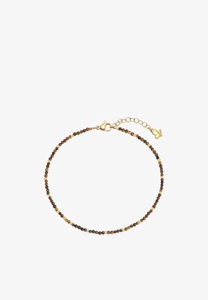 Pulsera fina con cuentas pequeñas alternas marrones y doradas y un cierre dorado con una cadena ajustable que termina en un charm de mariposa.