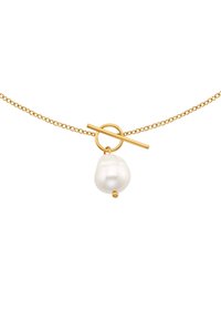 Gouden ketting met een textuur, druppelvormige witte parel hangertje en een togglesluitingen.