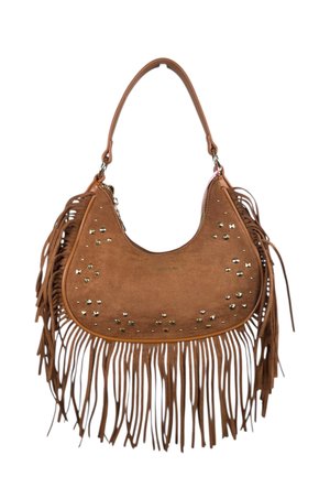 Borsa a mezzaluna in camoscio marrone con frange lunghe, borchie dorate e una tracolla singola.