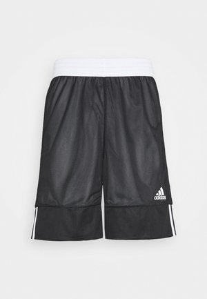 Pantaloni sportivi neri realizzati in tessuto a rete con una vita elasticizzata bianca, caratterizzati da tre strisce bianche lungo i lati e un logo Adidas.