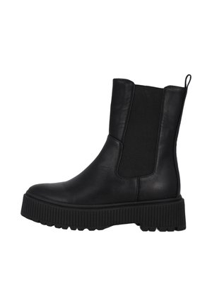 Černá kožená kotníková bota s elastickými bočními panely, kulatou špičkou a vroubkovanou gumovou podrážkou. Obsahuje poutko pro snadné obouvání.