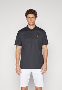 Dark gray polo shirt with a buttoned placket, short sleeves, and a textured fabric. Embroidered yellow logo on the left chest.