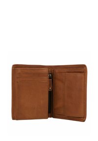Braune Leder-Geldbörse mit einem Reißverschluss-Münzfach, mehreren Kartenfächern und einer glatten Oberfläche. Offenes Design zeigt die Innenaufteilung.