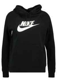Černá mikina Nike s bílým logem, kapucí na šňůrku, dlouhými rukávy a přední kapsou klokankou.