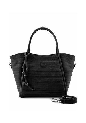 Schwarze strukturierte Einkaufstasche mit doppelten Griffen, dekorativen Knoten und einem abnehmbaren Schulterriemen mit silberner Schnalle.