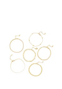 Set of six gold bracelets featuring diverse designs: a beaded chain, a flat band, a link chain, and others, all with adjustable closures.