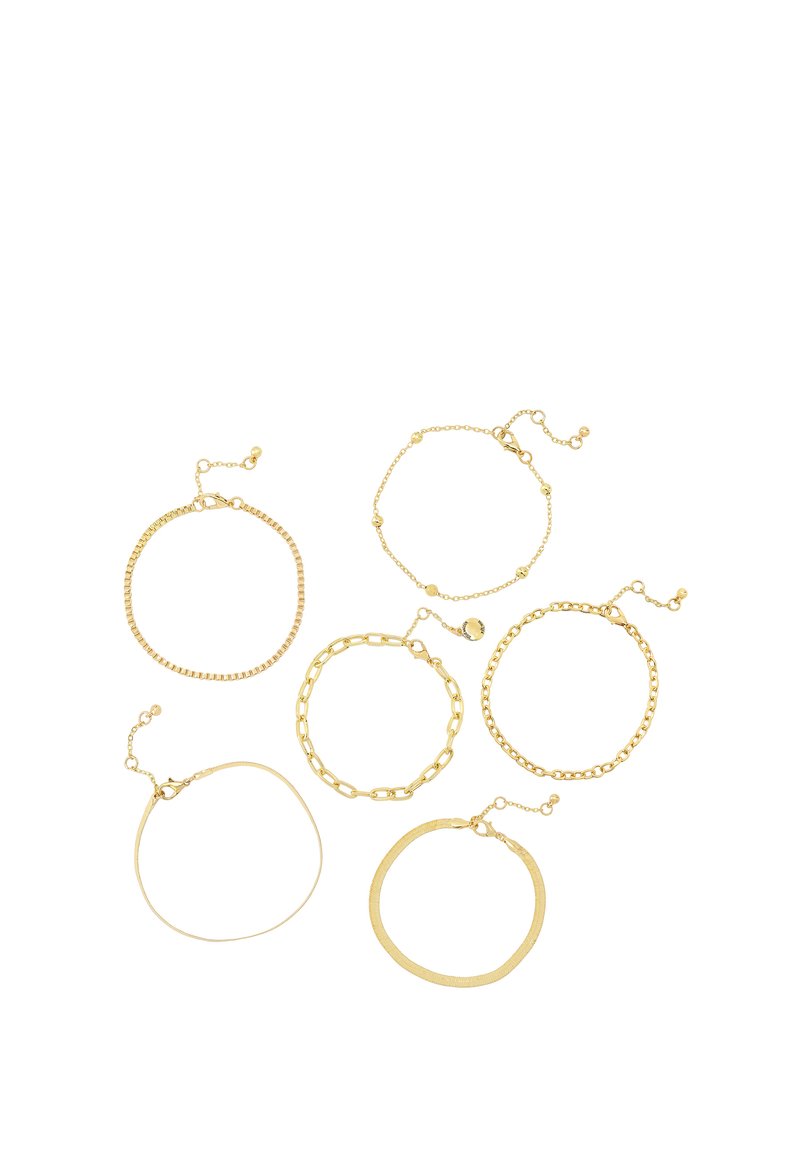Set of six gold bracelets featuring diverse designs: a beaded chain, a flat band, a link chain, and others, all with adjustable closures.