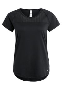 Svart sportt-shirt med korta ärmar, rund halsringning, texturerad panel upptill och böjd nederkant. Tillverkad av ett andningsbart tyg.