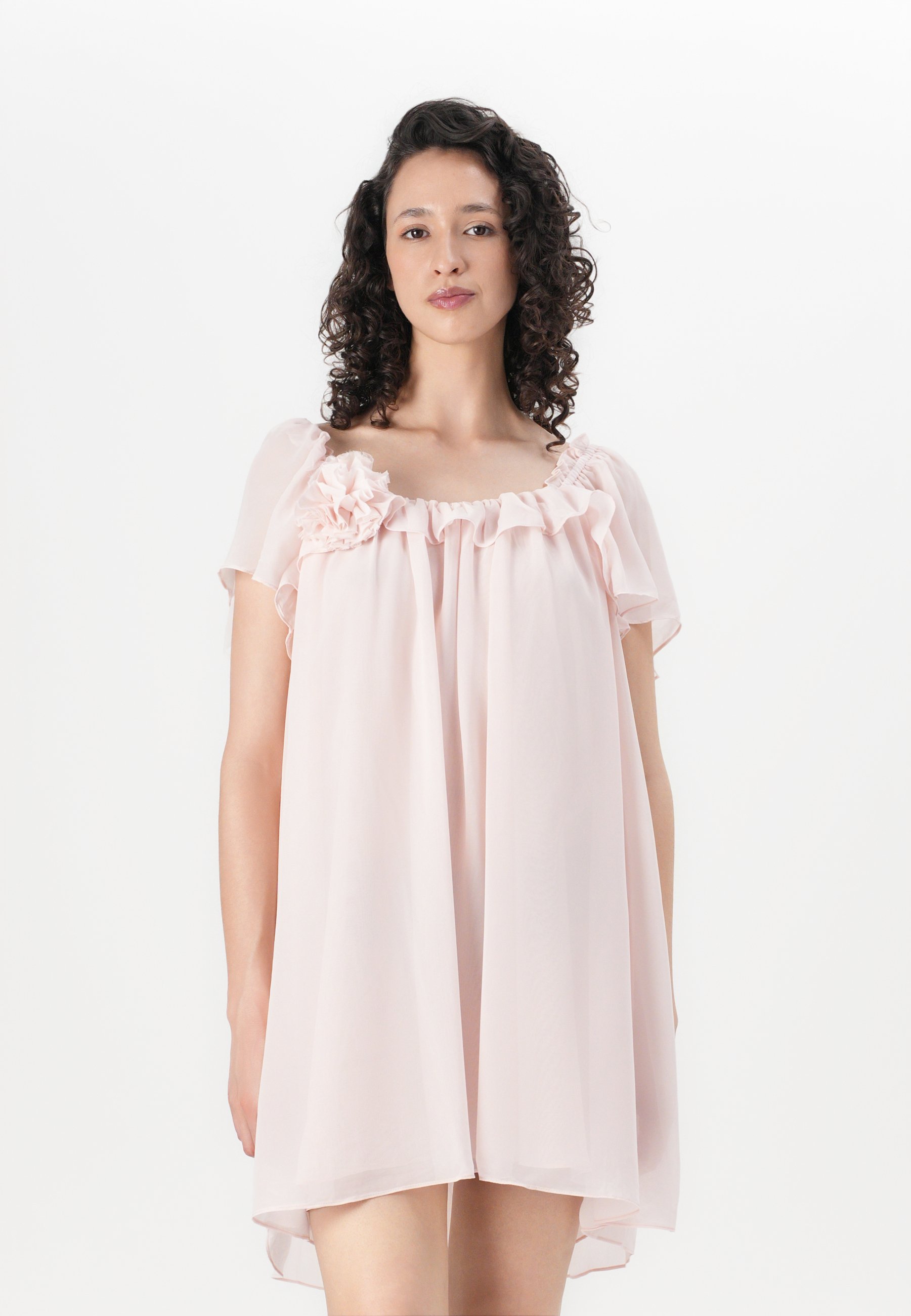 strapless open back dress Mariette Premium Chiffon Plunge-Neck Open-Back Mini Dress in Baby Pink main image 1