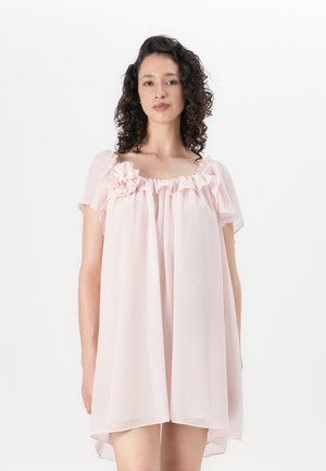 Pink chiffon dress with short flutter sleeves, a ruffled neckline, and floral accent on the left side. Loose fit with an asymmetrical hem.
