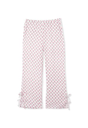 Weiße Hose mit kleinem rosa Blumendruck, ausgestattet mit einer Kordelzug-Detail an den Knöcheln und einer lockeren Silhouette. Aus Baumwollmaterial.