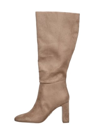 Botte en daim taupe pour femmes grandes avec talon bloc et bout pointu, texture lisse, conçue pour allier mode et confort.