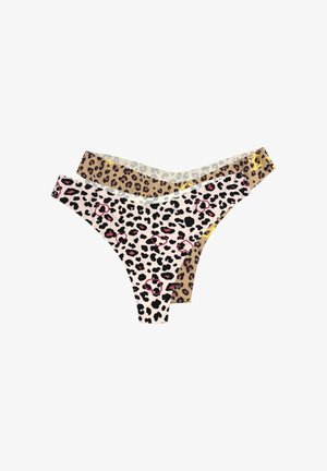 To leopardprintkvinders trusse-bh'er; den ene beige med mørke pletter og den anden hvid med sorte pletter og lyserøde hjerteaccenter.