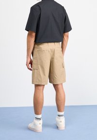 Man som bär beiga cargoshorts, svart kortärmad skjorta, vita strumpor med svarta ränder och vita sneakers, står på blått golv.