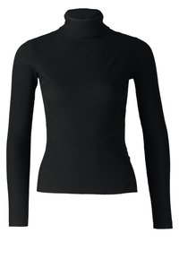 Svart ribbad polotröja med långa ärmar, med en figurnära design och texturerad tyg. Inga synliga mönster eller accenter.