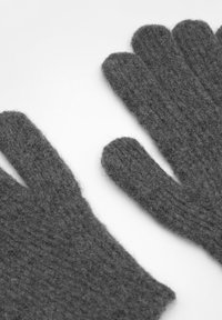 Grijze wollen handschoenen met ribbeltextuur en een klassiek ontwerp met vijf vingers. Zacht, pluizig materiaal met een gezellige uitstraling.