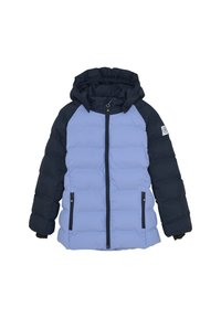 Puffjakke med lys blå front og mørkeblå ærmer, har hætte, lynlås foran og to sidelommer med mørk kant.