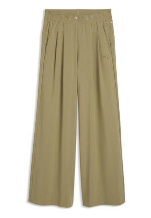 Khaki szerokie spodnie z zakładkami, boczne kieszenie, elastyczny pas z powtarzającym się logo Puma w błyszczącym wykończeniu.