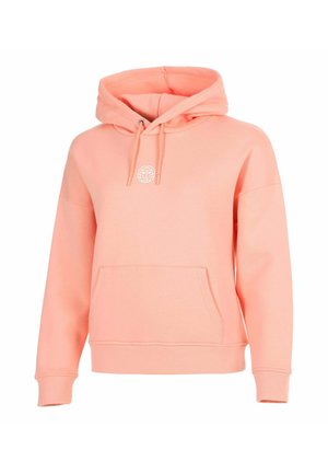 Hellkorallenrosa Kapuzenpullover mit Fronttasche, Kordelzug an der Kapuze, gerippten Bündchen und Saum sowie kleinem weißem rundem Logo auf der Brust.