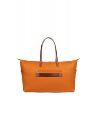 Borsa a tracolla arancione in nylon con manici in pelle marrone, dotata di una tasca con zip frontale e una texture liscia, progettata per l'uso quotidiano.