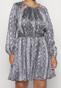 Robe à manches longues en tissu serpent, avec une taille froncée, un décolleté en trou de serrure et un col orné. La palette de couleurs comprend du gris et du noir.