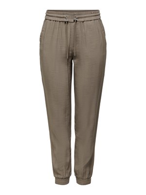 Pantalones jogger ligeros en color verde oliva con cintura elástica y cordón. Presentan pierna ajustada, puños gathered y una textura sutil.