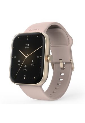 Smartwatch mit beigem Silikonarmband, quadratischem goldfarbenem Gehäuse, zeigt Uhrzeit, Datum (20 Mo), Herzfrequenz (76), Schritte (890) und verbrannte Kalorien (890).