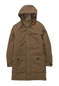 Rudas ilgas parka su gobtuvu, išsiuvinėtu vidumi, su raišteliais gobtuvu, sagų užsegimais kišenėmis ir sagų užsegimais ant rankovių ant vienspalvio fono.