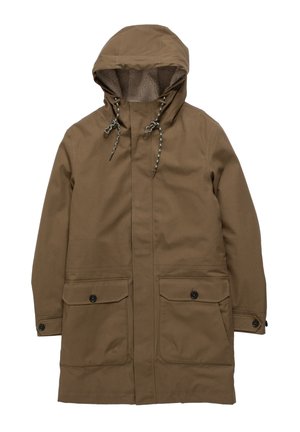 Rudas ilgas parka su gobtuvu, išsiuvinėtu vidumi, su raišteliais gobtuvu, sagų užsegimais kišenėmis ir sagų užsegimais ant rankovių ant vienspalvio fono.