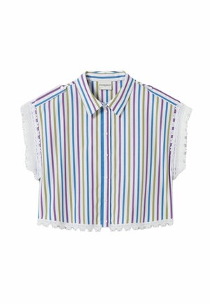 Blusa corta a maniche corte con righe verticali multicolori, davanti con bottoni, rifiniture in pizzo sulle maniche e sull'orlo, e colletto appuntito.