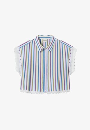 Blusa corta a maniche corte con righe verticali multicolori, davanti con bottoni, rifiniture in pizzo sulle maniche e sull'orlo, e colletto appuntito.