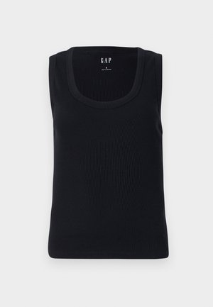 Black ribbed tank top featuring a round neckline, sleeveless design, and a fitted silhouette. Label displayed at the top center.