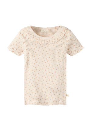 Top beige chiaro a coste con maniche corte, piccolo motivo a pois marroni e scollo rotondo con volant, progettato per bambini.