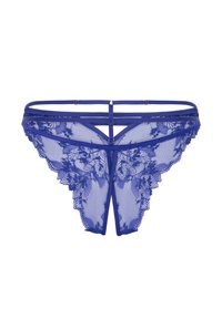 Blauer Spitzen-Thong mit floralen Mustern, durchsichtigem Netzstoff und trägerdesign. Ausführliche gewellte Ränder verbessern die Textur und visuelle Anziehung.