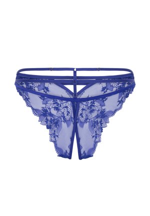 Blauwe kanten string met bloemmotieven, transparante mesh stof en een strappy ontwerp. Gedetailleerde scalloped randen verbeteren de textuur en visuele aantrekkingskracht.