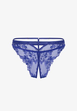 Blauer Spitzen-Thong mit floralen Mustern, durchsichtigem Netzstoff und trägerdesign. Ausführliche gewellte Ränder verbessern die Textur und visuelle Anziehung.