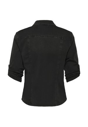 Giubbotto in denim nero visto da dietro, con maniche arrotolate, colletto e cuciture visibili lungo le cuciture.