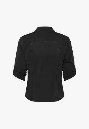 Must mustra denim jakk, vaadatud tagantpoolt, mis on varrukatel keeratud, kraega ja õmbluste juures nähtava nõelumisega.