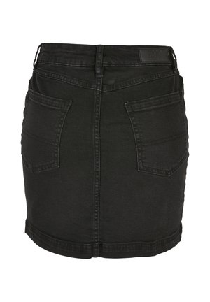 Fustă mini din denim negru cu bucle pentru curea, două buzunare aplicate în partea din spate și detaliu de cusături vizibile pe un fundal simplu.