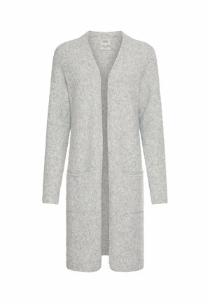 Hellgrauer langer Cardigan mit offenem Vorderteil, zwei Vorderentaschen und einer weichen, flauschigen Strickstruktur.