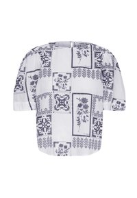 Kortärmad blus i vit bomull med marinblått blommigt och geometriskt mönster, fyrkantig halsringning och dragkedja bak. Slät textur.