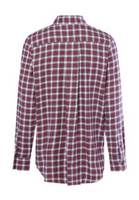Camicia a maniche lunghe a quadri rossi e bianchi con colletto a bottoni, dotata di yoke posteriore e polsini regolabili con bottoni. Materiale in cotone.