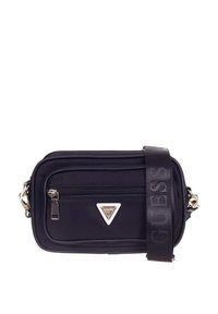 Borsa a tracolla nera in materiale sintetico con un logo triangolare argentato, due scomparti con zip e una tracolla testurizzata con il nome del marchio.