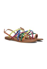 Plateau sandalen met gekleurde rubberen banden in oranje, roze, groen, blauw en geel, contrasterend met een tan leren voetbed en een verstelbare band.