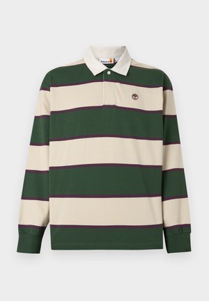 Μακρυμάνικο ράγκμπι μπλουζάκι με οριζόντιες πράσινες και μπεζ ρίγες, μπεζ γιακά, κεντημένο λογότυπο Timberland στο αριστερό στήθος.