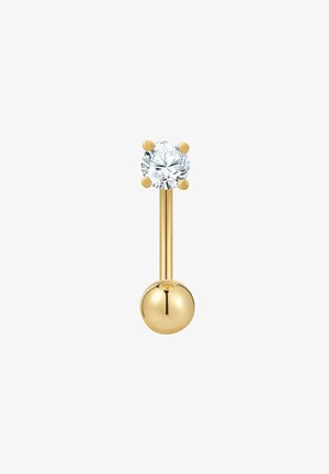 Goldfarbene Körperkunst mit einem runden klaren Kristall oben und einer glatten, runden Kugel unten. Einfaches und elegantes Design.