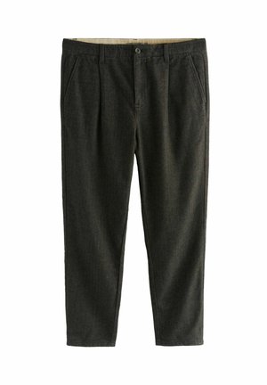 Dark gray tailored trousers with front slant pockets, belt loops, a button closure, and a flat front design.