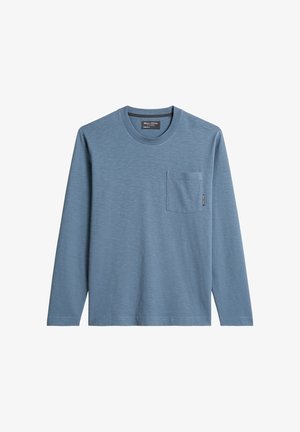 Niebieska koszulka z długim rękawem wykonana z miękkiej tkaniny, z okrągłym dekoltem, kieszenią z przodu oraz subtelnym fakturowanym wzorem.