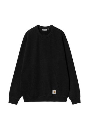 Black sweatshirt made of textured fabric, features a round neckline, long sleeves, and a front pocket with a small logo tag on the hem.